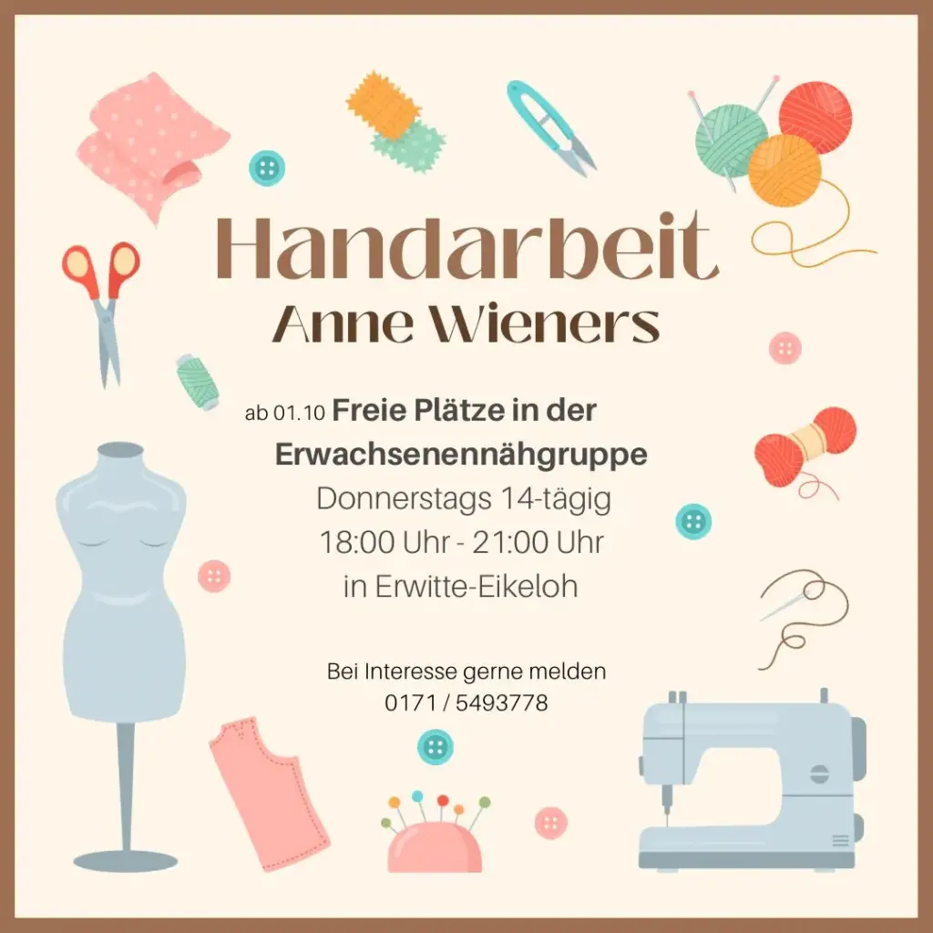 Grafik mit Nähutensilien und Informationen zur Erwachsenen-Nähgruppe von Handarbeit Anne Wieners.