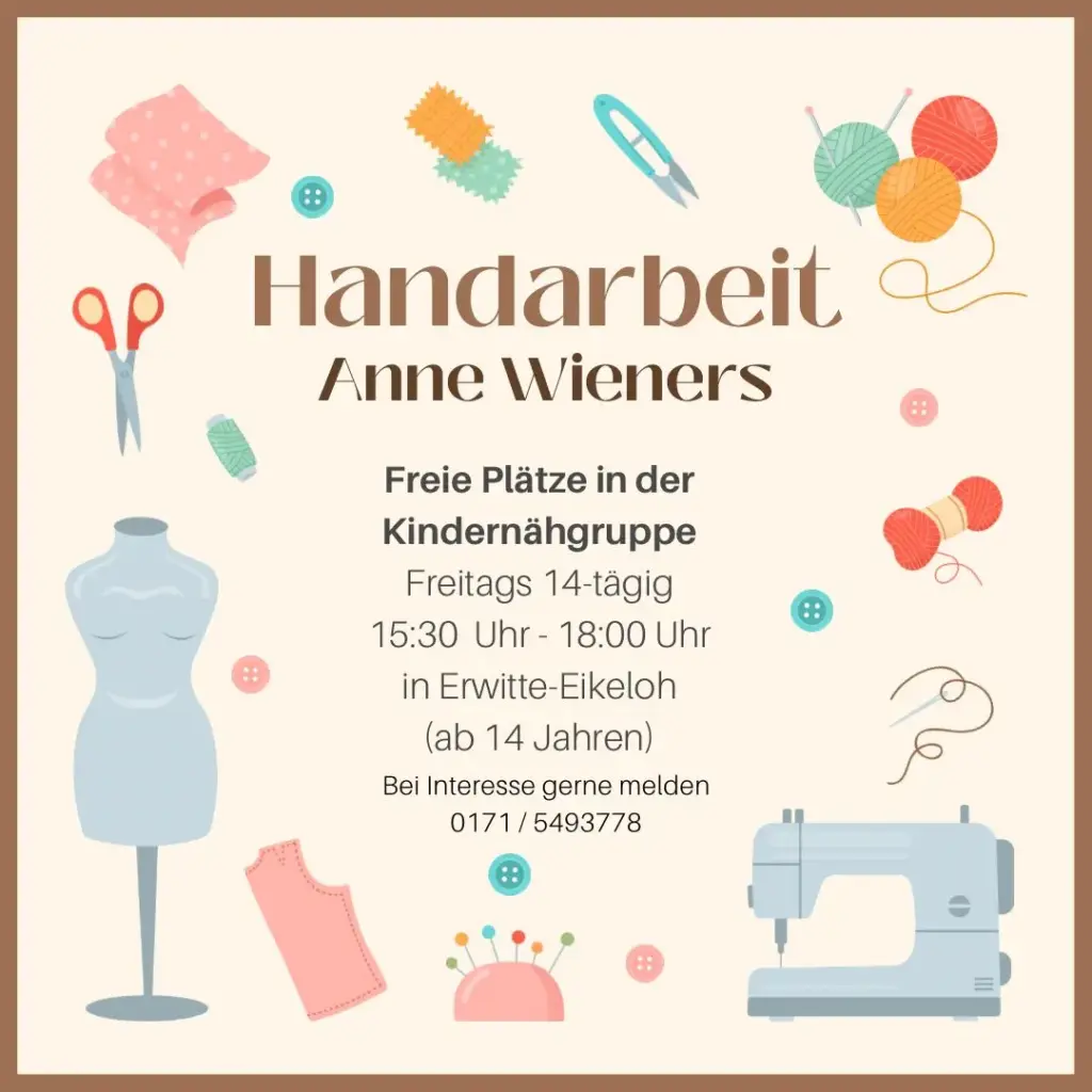 Grafik mit Nähutensilien und Informationen zur Handarbeitsgruppe von Anne Wieners.