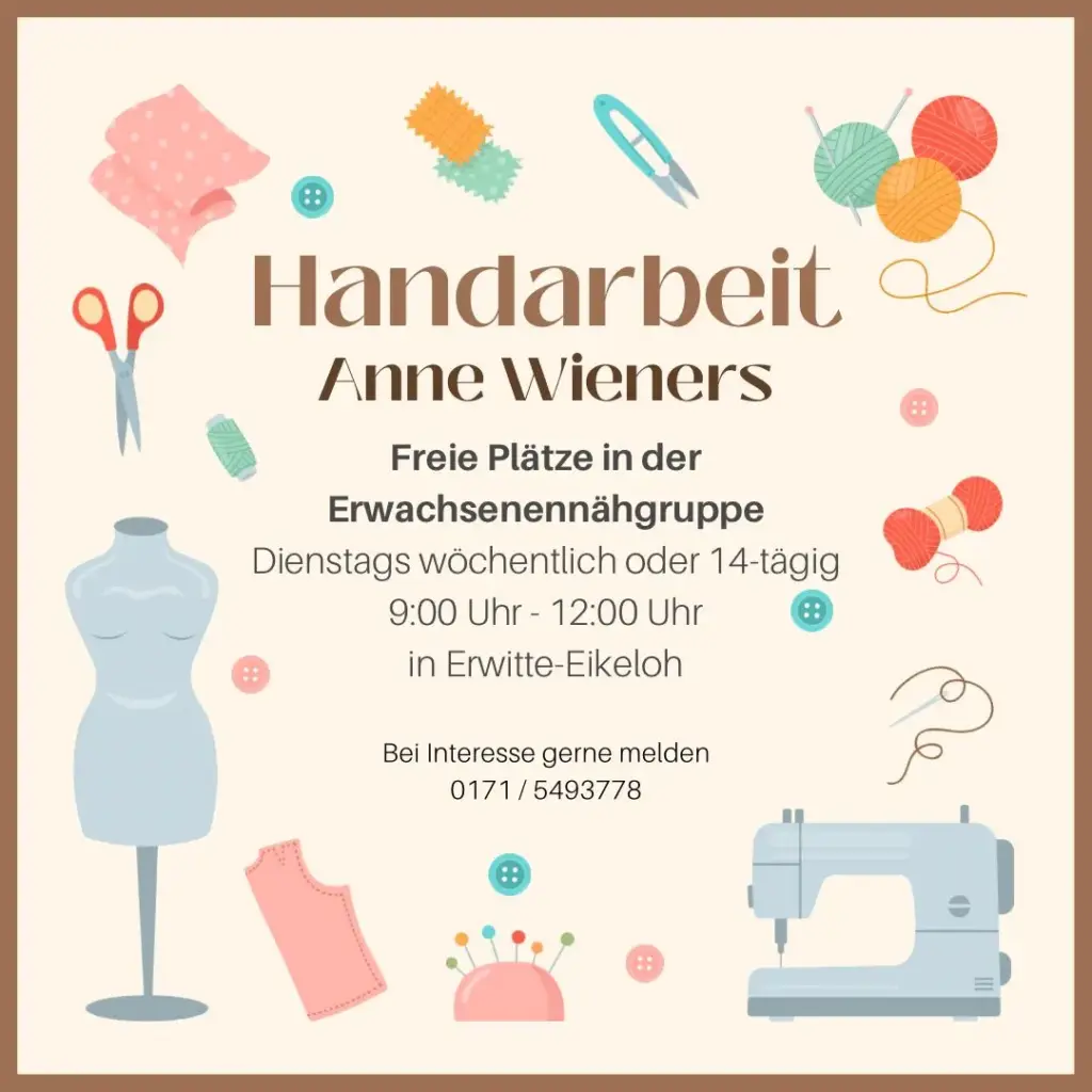 Grafik mit Nähutensilien und Informationen zur Erwachsenen-Nähgruppe von Handarbeit Anne Wieners.