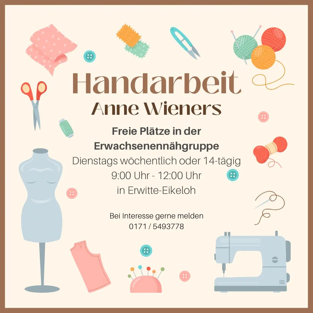 Grafik mit Nähutensilien und Informationen zur Erwachsenen-Nähgruppe von Handarbeit Anne Wieners.