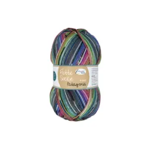 Wolle Flotte Socke 4-fach Patagonia in bunten Farben, präsentiert in einem Knäuel mit Etikett.