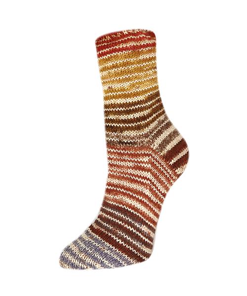 Bunte Socke mit Streifen in Rot-, Gelb- und Brauntönen, die eine klassische Form und Struktur aufweist.
