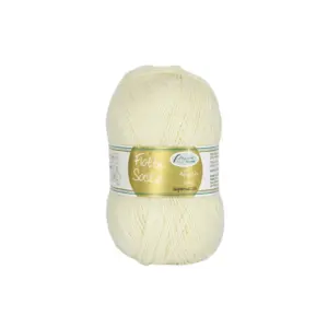 Garnknäuel in Naturfarbe mit der Bezeichnung 'Flotte Socke' und Informationen zur Zusammensetzung auf dem Etikett.