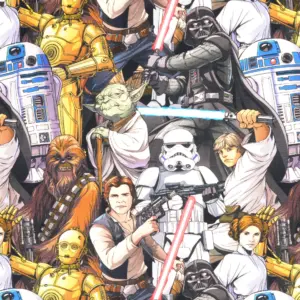 Digital bedruckter Jersey-Stoff mit Star Wars Charakteren wie Yoda, Darth Vader, Chewbacca und Leia in buntem Design.
