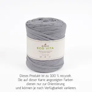 ECO VITA DMC recyceltes T-Shirt Yarn in grauer Farbe, 450 g Lauflänge, zeigt etikett mit ECO VITA und DMC – nachhaltiges Garn für Handarbeiten