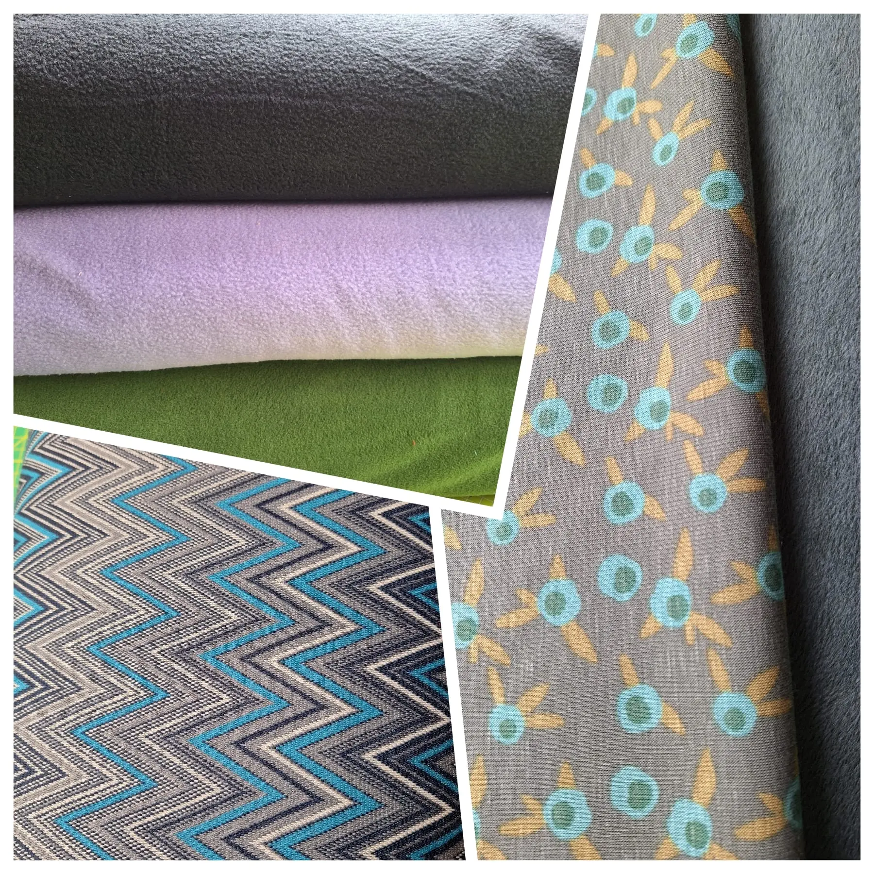 Mehrere Strick- und Fleece-Stoffe in Grau, Lila und Grün sowie gemusterte Stoffe mit türkis-gelben Motiven; 50 % reduziert.